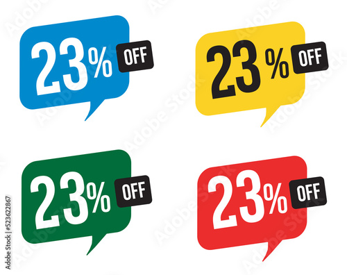 23 percent discount. Blue, yellow, green and red balloons for promotions and offers. Vector Illustration on white background.