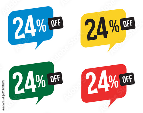 24 percent discount. Blue, yellow, green and red balloons for promotions and offers. Vector Illustration on white background.