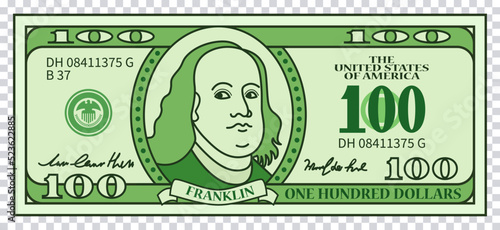 Green 100 dollars banknote with franklin on transparent background. Vector illustration..
