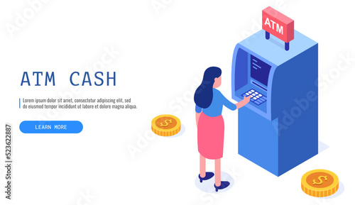 ATM service. Woman customer standing near ATM machine and trying to withdraw cash. Web banner. Vector illustration..