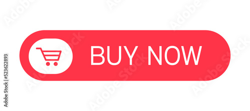 Red vector button buy now with text and trolley in the middle isolated on white background.. photo