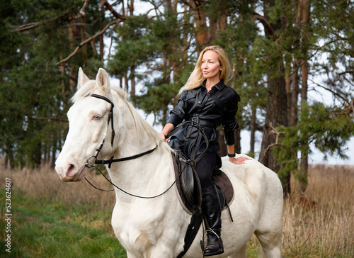young beautiful blond smiling woman with long hair in black dress riding a white horse with blue eyes in autumn field 
