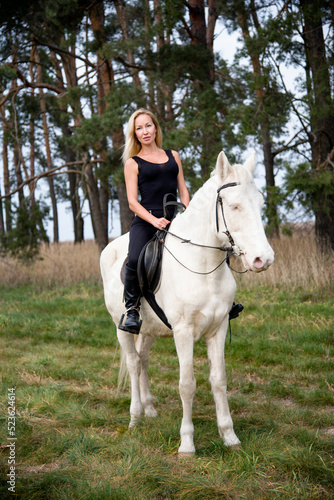 young beautiful blond smiling woman with long hair in black dress riding a white horse with blue eyes in autumn field  © Tetatet