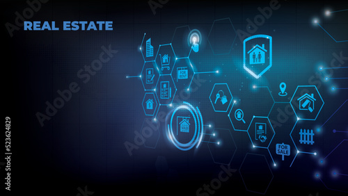 Real estate vector illustration. Concept with connected icons related to property sales and listings, realtor agency and contractor, residential property, investment, housing project