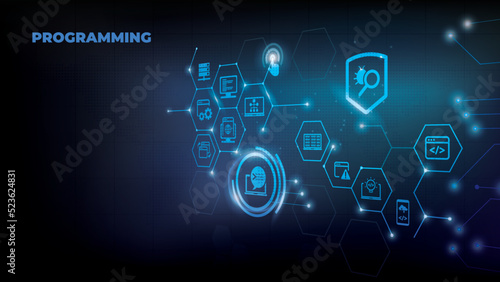 software engineering or programming vector illustration. Blue concept related to html coding, beta testing an application, software design and development process, implementation and verification.