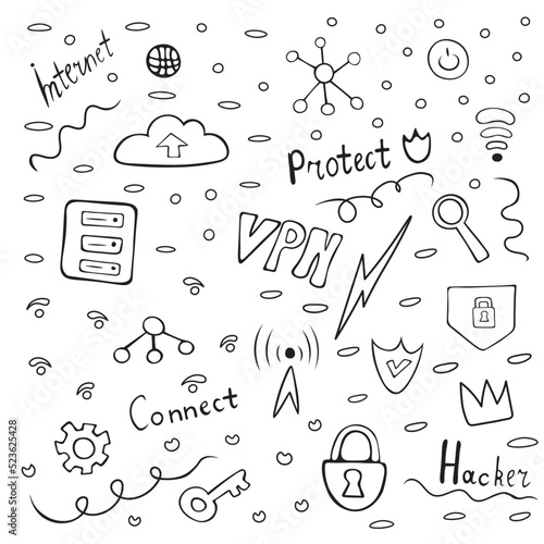 Hand drawn doodle vpn set. Includes vpn themed signs and symbols such as lightning, server, cloud, key, lock, shield, magnifying glass, gear cloud.