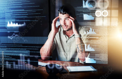 Tapety artystyczne Stressed computer engineer reading code, cgi data and making mistake while analyzing special effects charts while working late at night. Confused, worried and anxious web developer discovering a hack