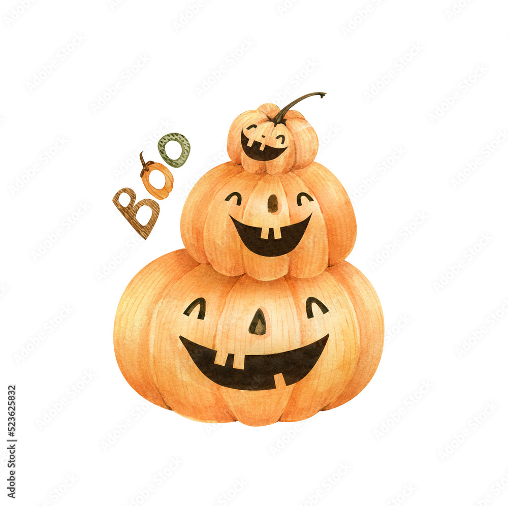 Fototapeta premium watercolor illustration for halloween holiday orange pumpkins with grimace. vegetables on a white background, hand painted.