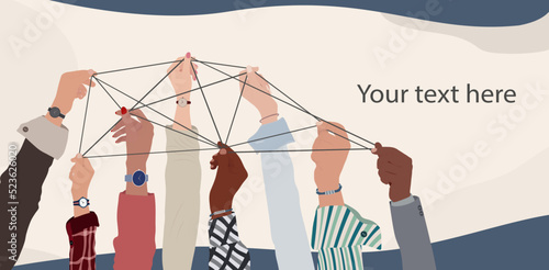 Hands up of diverse business people holding a wire as a symbol of cooperation collaboration and solution. Multicultural colleagues. Synergy and connection. Teamwork and success concept