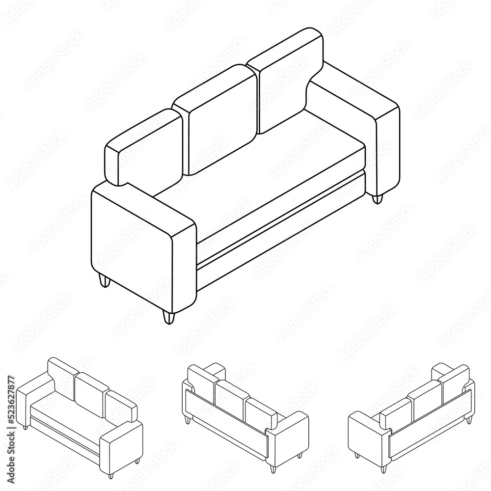 Line set of sofas in isometry. New sofa in different angles in isometric  projection. 3d image of home furniture. Vector illustration in cartoon and  game style. Stock Vector | Adobe Stock