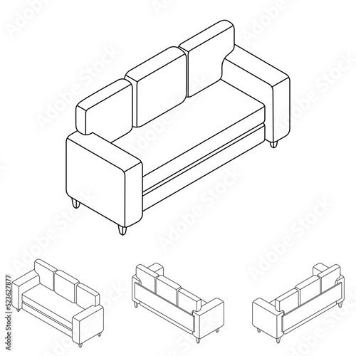 Line set of sofas in isometry. New sofa in different angles in isometric projection. 3d image of home furniture. Vector illustration in cartoon and game style.