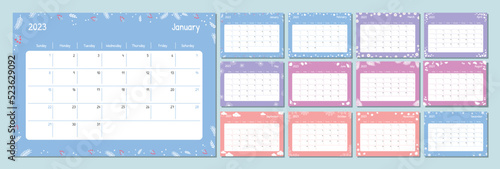 2023 calendar template. Kid planner diary. The week starts on Sunday. Set of 12 months pages.