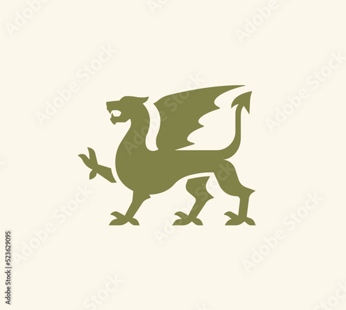 Medieval green dragon logo. Knight Dragon with wings green silhouette. Vector illustration	