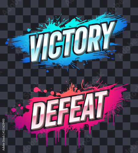Victory and defeat game icons on a transparent background. Colorful ink with chrome, text notifications. Bright ink splashes. Eps10 vector