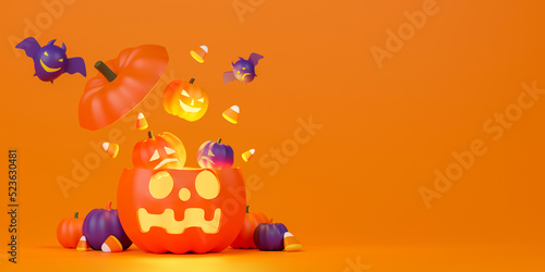 3d rendering Jack O Lantern with bat and candy corn on orange background. Concept Halloween day illustration.