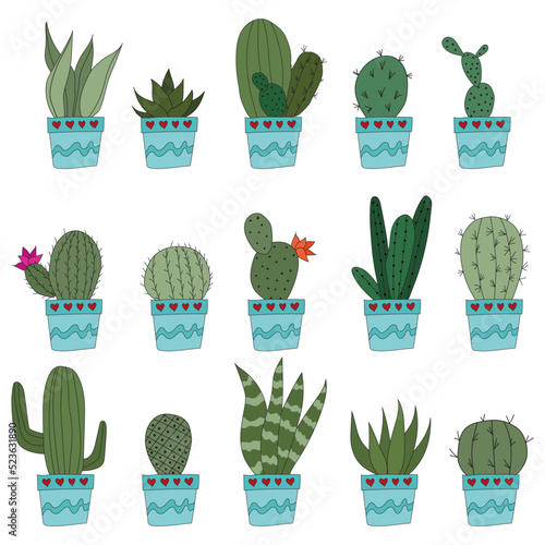 Set Cute doodle cacti in blue pots. Vector illustration with cute indoor plants. set of 15 plants