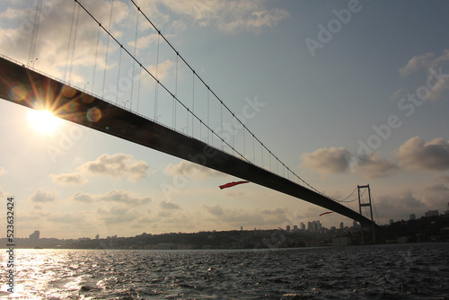 View of the Bosphorus Bridge from Beylerbeyi in Istanbul, Turkey. It connects Asia and Europe. stock photography