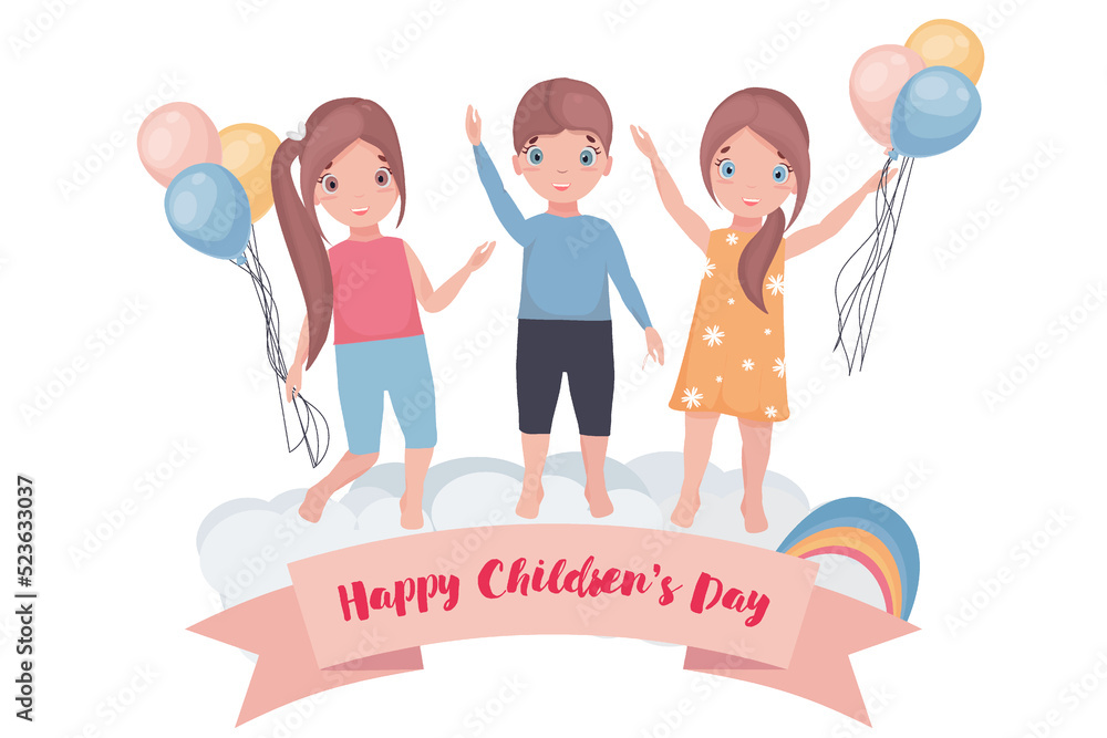 Children Protection Day. Happy kids with balloons are standing on the clouds.Baner or flyer ready for printing.Vector illustration