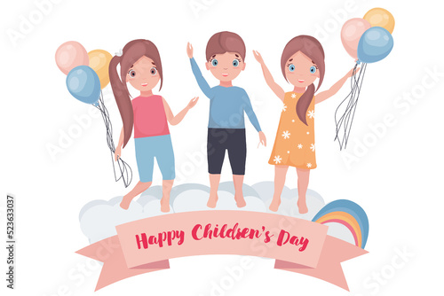 Children Protection Day. Happy kids with balloons are standing on the clouds.Baner or flyer ready for printing.Vector illustration