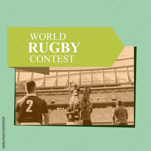 Composition of world rugby contest text over diverse rugby players