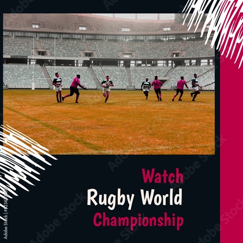 Composition of watch rugby world championship text over diverse rugby players