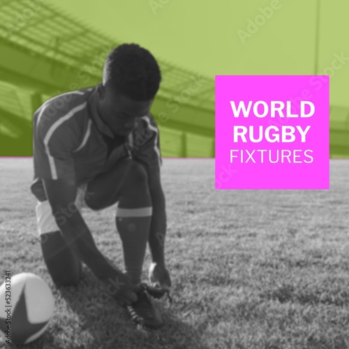 Composition of rugby world fixtures text over african american rugby player on green background