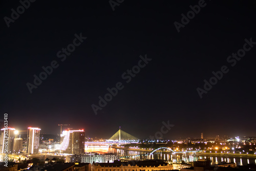 Panoramic night view on Belgrade   Beograd in Serbian   or river Danube and old but also new part of town