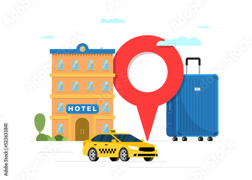 Hotel booking and taxi transfer service for vacation tourism concept. Travel apartment and transport reservation banner. Motel building with baggage suitcase and location pin vector eps illustration