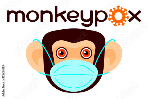 Face of chimpanzee in medical mask. Inscription is monkey pox with virus symbol. Vector illustration in flat geometric style. New smallpox virus, disease of 2022. Hand-drawn text. Isolated on white