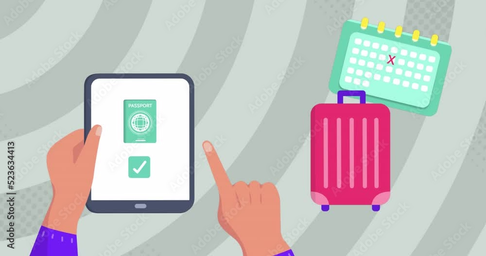 Animation of travel icons over hands using tablet Animation of travel icons over hands using tablet