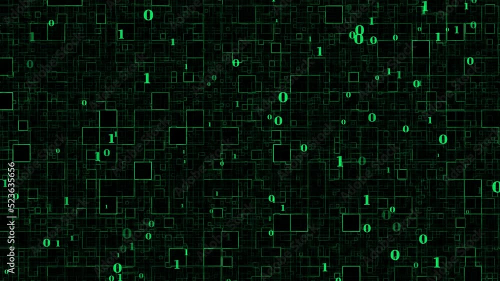 Animated binary green color abstract box pattern dark technology background Animated binary green color abstract box pattern dark technology background