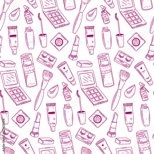 Make up doodle pattern with lipstick, cream, mascara, shades, brushes. Make up and cosmetic vector background. Beauty make up fashion doodle seamless pattern