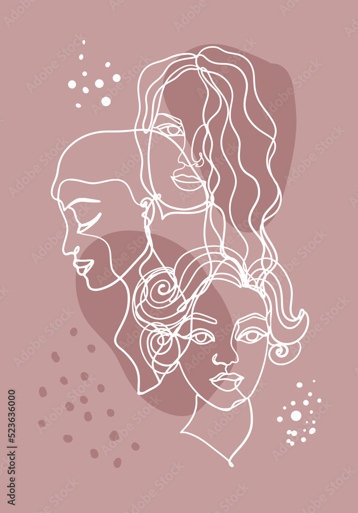 Women faces in one line style vector illustration. Template for postcards, clothes print and more. Women faces in one line style vector illustration. Template for postcards, clothes print and more.
