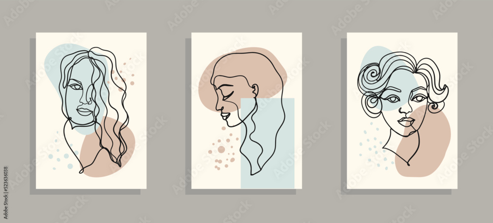 Women faces wall art set in one line style vector illustration.