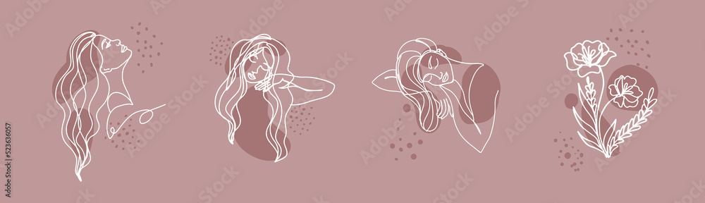 Women faces set in one line style vector illustration. Women faces set in one line style vector illustration.