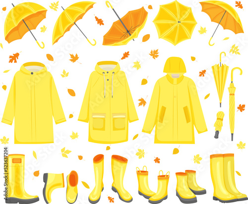 set of boots, raincoats, umbrellas, autumn in flat style, isolated, vector