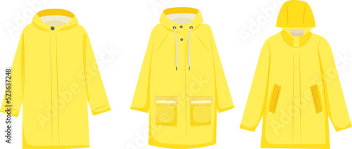 set of raincoats, yellow coat, autumn in flat style, isolated, vector