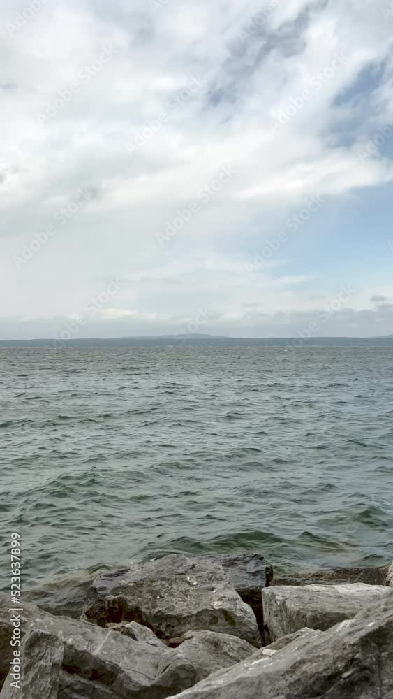 Standing on the shoreline of Lake Michigan looking out over big waves as a storm moves in. A seagull flies into view. Located in Petoskey, Michigan, USA. Standing on the shoreline of Lake Michigan looking out over big waves as a storm moves in. A seagull flies into view. Located in Petoskey, Michigan, USA.