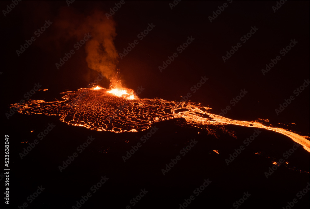 Aerial Drone Image of Meradalir Eruption of Fagradalsfjall Volcano in Iceland 2022