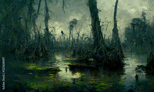 swamp dark atmospheric background, digital art photo
