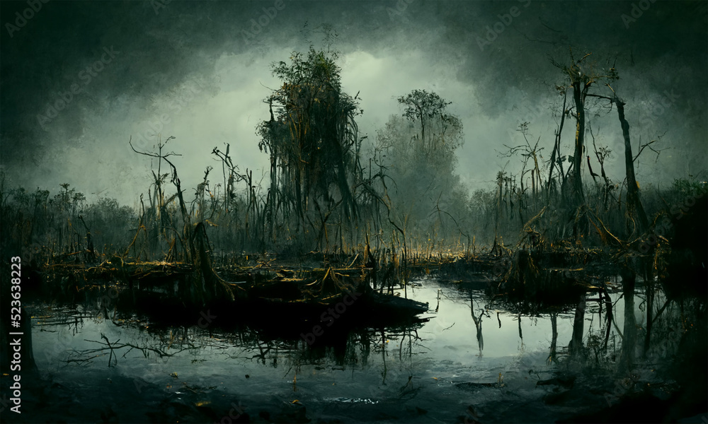 swamp dark atmospheric background, digital art - obrazy, fototapety, plakaty 
