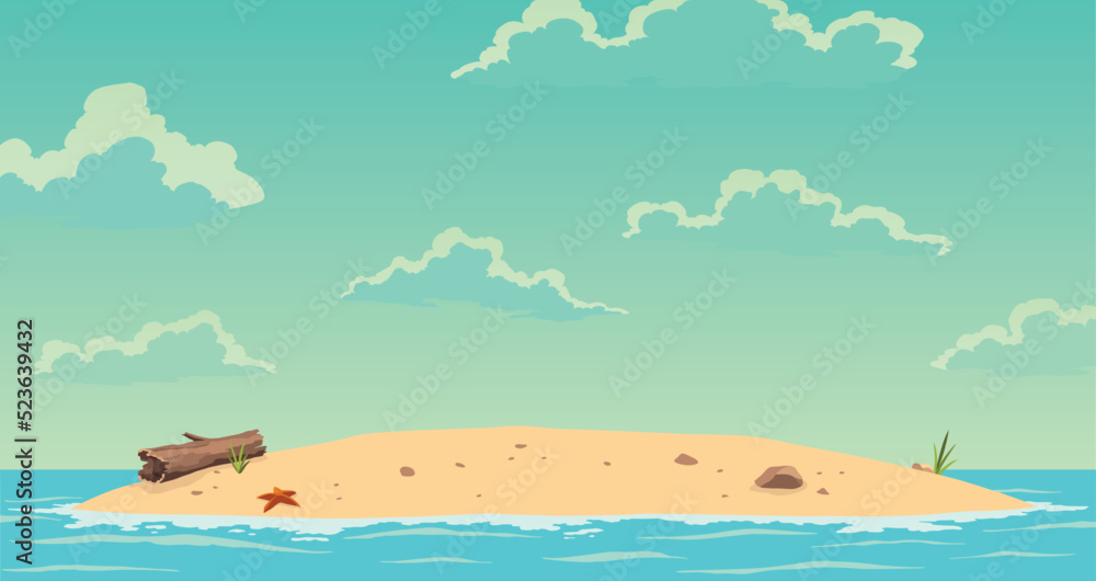 Robinson crusoe island. Desert island in ocean. Sunny day. Tropical paradise landscape, sandy beach flat cartoon vector illustration - obrazy, fototapety, plakaty 