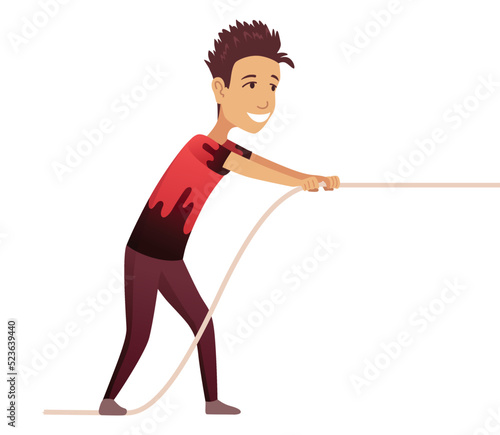 Kid pulling rope. Boy game tug of war, children competition, happy boy play outdoors, equal and counteracting forces. Concept of sports activity for kids