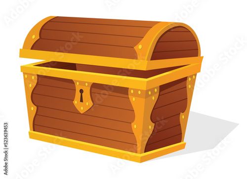 Chest. Empty old wooden chest for gold treasure. Cartoon ancient container for pirates isolated vector icon on white. Game wooden antique box for treasure