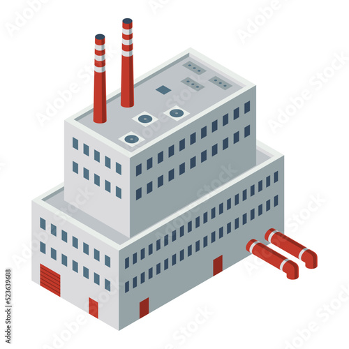 Hydro power isometric. Hydroelectric power plant. Alternative energy concept, factory electric. Water power station. Vector illustration