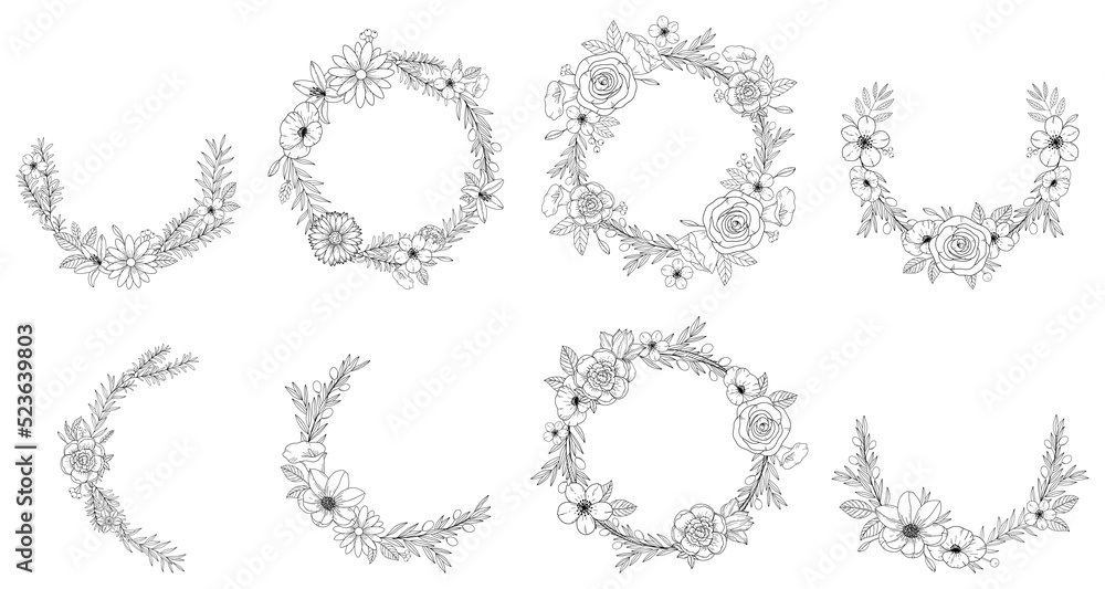 Set abstract elegant line art flower and leaf wreath. Continuous boho line art silhouette of floral artwork