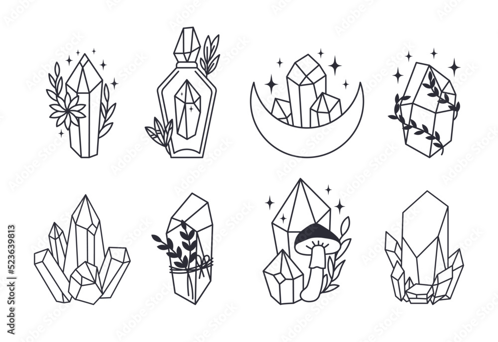 Quartz Crystal Magic Postage Stamps. Hand Drawn Seamless Vector Border.  Sacred Symbols Postal Stationery. Tarot, Crystals, Incense for Meditation  Journal, Mail Art Banner, Boho New Age Planner Ribbon Stock Vector