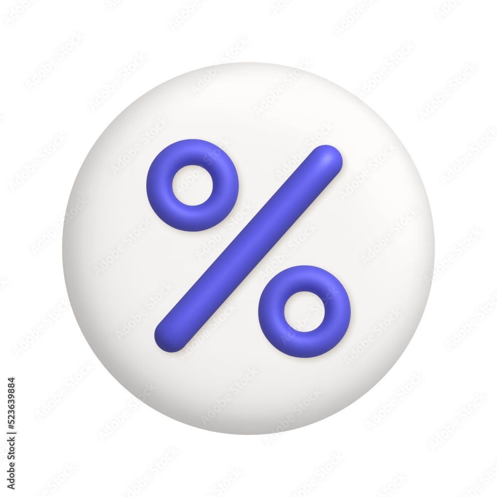 Purple percent sign on white button. business and science icon. 3d realistic vector design element. Purple percent sign on white button. business and science icon. 3d realistic vector design element.