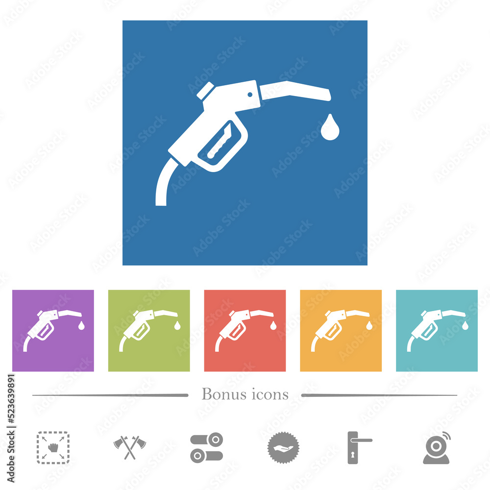 Gasoline pump fuel nozzle solid flat white icons in square backgrounds