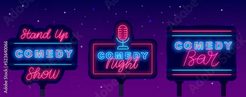 Stand up neon labels collection. Comedy bar signs set. Shiny street billboards pack. Vector stock illustration photo